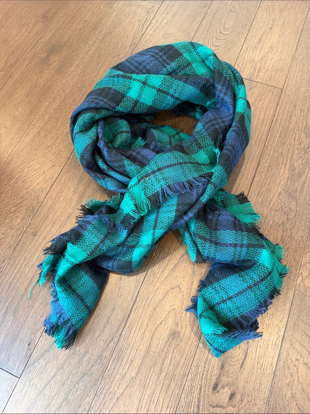 Women’s Green and Blue Plaid Fringe Scarf - One Size - C54-166